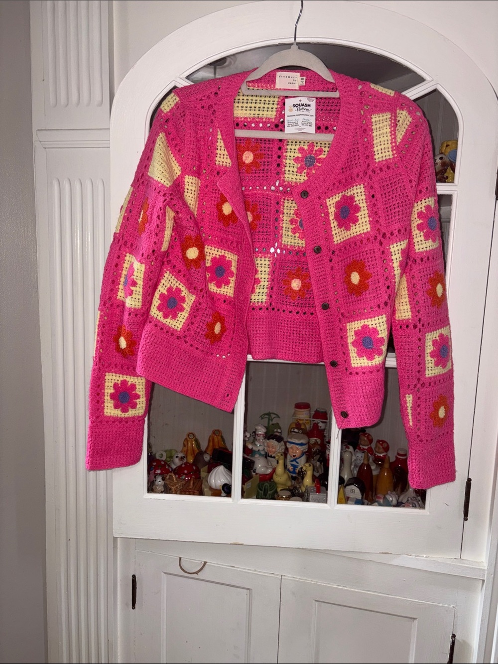 Nwt M/L Pink Crochet Floral Square-Panel Cardigan Sweater